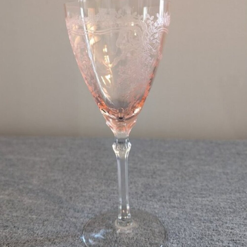 Fostoria "June" Pink Water Goblet, VG with Small Chip on Rim, UV-Reactive